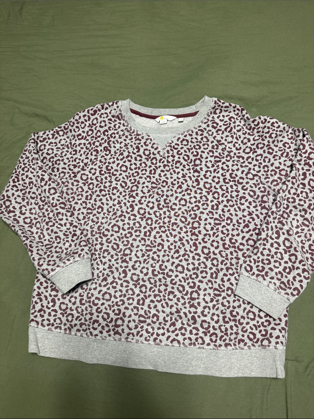 Boden Burgundy Leopard Crewneck Sweater on Light Gray